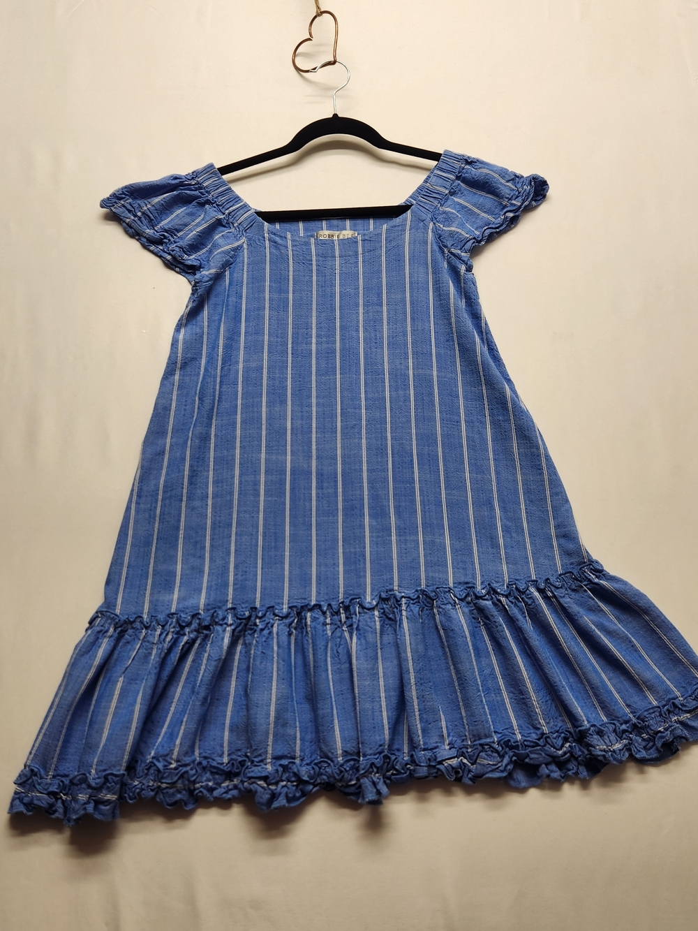 ⭐️Robbie Bee Striped Mini Dress Off The Shoulder Blue White Rayon Ruffle Travel